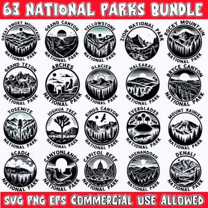 63 Nationalparks Bundle SVG Png Eps Designs, US Nationalparks Clipart, Abenteuer Reisen Silhouette, kommerzielle Nutzung erlaubt, digitale Dateien