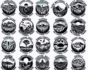 Paquete de 63 Parques Nacionales (SVG, PNG, EPS), Clipart de Parques Nacionales de EE. UU., Silueta de Viajes de Aventura, Uso Comercial Permitido, Archivos Digitales