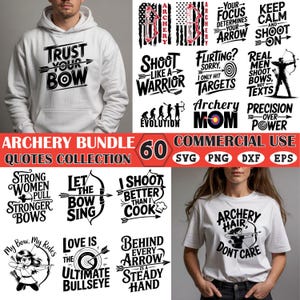 May include: An archery-themed collection of designs for apparel and graphics, including phrases such as "Trust Your Bow" and "Shoot Like a Warrior." The bundle offers 60 designs for commercial use in SVG, PNG, DXF, and EPS formats. Features text like "Archery Hair, Don't Care."
