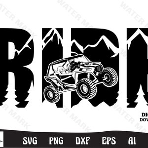 May include: Black and white graphic design of the word "RIDE" with a silhouette of a mountain range behind each letter. A black and white illustration of an off-road vehicle is in the center of the design.