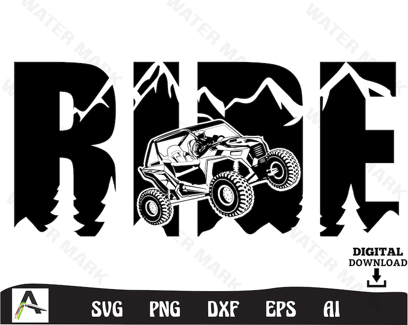 May include: Black and white graphic design of the word "RIDE" with a silhouette of a mountain range behind each letter. A black and white illustration of an off-road vehicle is in the center of the design.