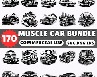 May include: A black and white illustration bundle featuring 170 muscle cars in various styles. Text includes "Old School Muscle," "Made in America," and "Commercial Use." The image showcases classic car designs.