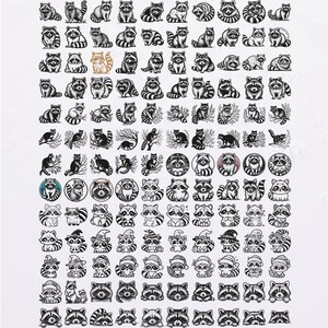May include: A collection of black and white raccoon illustrations in various poses and styles. Some raccoons are wearing hats, and some are in circular frames. The image is a repeating pattern of the same raccoon illustrations.