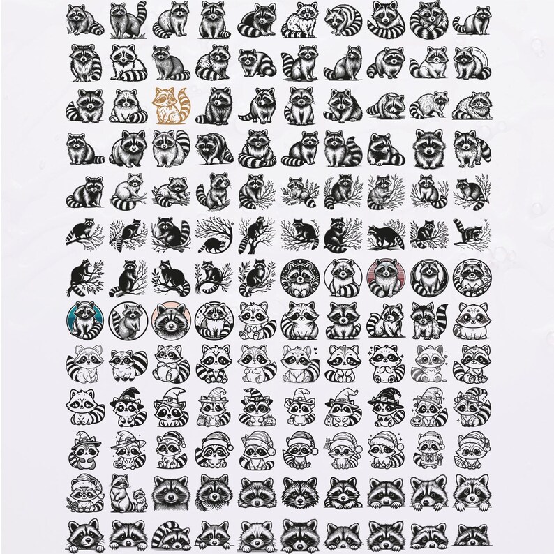 May include: A collection of black and white raccoon illustrations in various poses and styles. Some raccoons are wearing hats, and some are in circular frames. The image is a repeating pattern of the same raccoon illustrations.