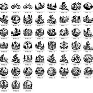 May include: A collection of black and white mountain biking themed designs. Each design features a cyclist on a mountain bike, with various landscape backgrounds. The designs are in square and circular formats, with the text "MTB 2-" followed by a number.
