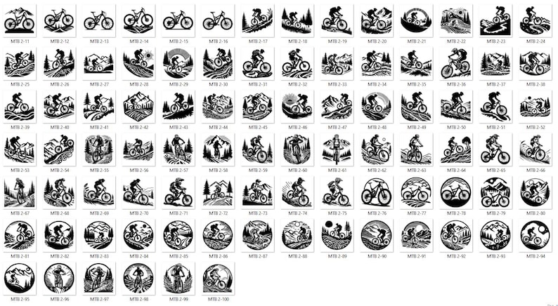 May include: A collection of black and white mountain biking themed designs. Each design features a cyclist on a mountain bike, with various landscape backgrounds. The designs are in square and circular formats, with the text "MTB 2-" followed by a number.