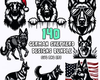 May include: A collection of 140 German Shepherd dog designs in black and white. The designs include a variety of poses, including a skeleton, a dog wearing sunglasses, and a dog with a Santa hat. The text "140 German Shepherd Designs Bundle SVG PNG EPS" is also included in the image.