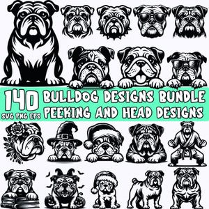 Bulldog SVG Design Bundle - Peeking Bulldog Clipart, Bulldog Head Silhouette, Dog Lover SVG, Bulldog PNG, Bulldog Clipart for Cricut