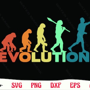 Puede incluir: Un diseño gráfico colorido que representa la evolución de los humanos, comenzando con un simio primitivo y terminando con un humano moderno sosteniendo una lanza. La palabra "EVOLUTION" está escrita en colores arcoíris debajo de las figuras.