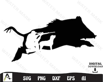 May include: Black and white silhouette of a hunter aiming a rifle at a running wild boar. The hunter is wearing a hat and has a dog by their side.