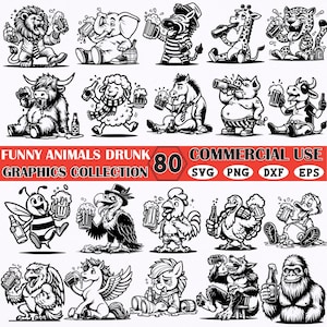 Puede incluir: Colección gráfica en blanco y negro de 20 animales de dibujos animados bebiendo cerveza. El texto "FUNNY ANIMALS DRUNK GRAPHICS COLLECTION" se muestra en rojo. Incluye 80 gráficos para uso comercial en formatos SVG, PNG, DXF y EPS.