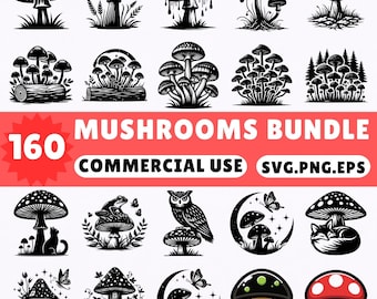 160 Mushroom SVG Bundle PNG EPS Digital Download | Cute Forest Toadstool Clipart Commercial Use Cricut Silhouette Sublimation Designs