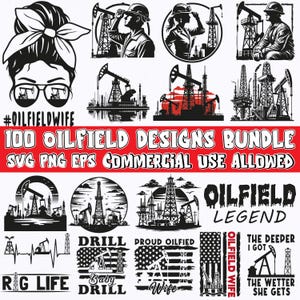 May include: A set of 100 oilfield designs in SVG, PNG, and EPS formats. The designs feature oil rigs, derricks, and other oilfield equipment. The designs are perfect for creating t-shirts, mugs, stickers, and other merchandise. #OILFIELDWIFE 100 OILFIELD DESIGNS BUNDLE SVG PNG EPS COMMERCIAL USE ALLOWED