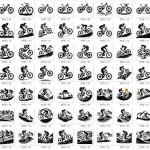May include: A collection of black and white mountain biking illustrations. Each image depicts a cyclist on a mountain bike, navigating various terrains, including hills and trails. The images are labeled with numbers.