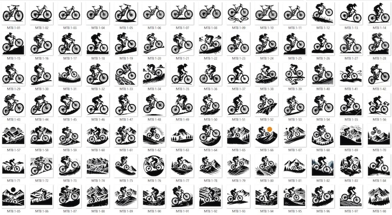 May include: A collection of black and white mountain biking illustrations. Each image depicts a cyclist on a mountain bike, navigating various terrains, including hills and trails. The images are labeled with numbers.