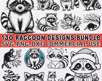Paquete de 130 SVG de mapache, PNG de mapache lindo, clipart de animales del bosque, DXF de mapache, vector de vida silvestre, sublimación de Cricut, uso comercial