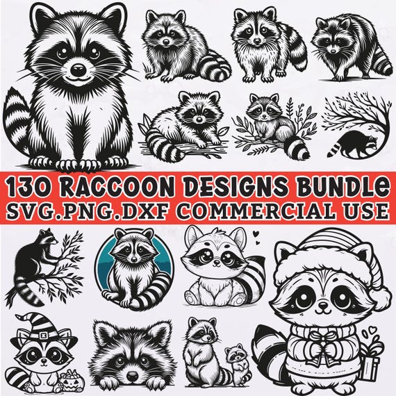 130 Raccoon SVG Bundle, Cute Raccoon PNG, Woodland Animal Clipart, Raccoon DXF, Wildlife Vector, Cricut Sublimation, Commercial Use