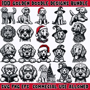 Puede incluir: Una colección de 100 diseños de Golden Doodle en blanco y negro. Los diseños presentan varios Golden Doodles con sombreros, gafas y otros accesorios. Se incluye el texto "SVG PNG EPS COMMERCIAL USE ALLOWED".