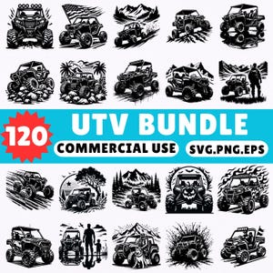 Pode incluir: Uma coleção de 20 ilustrações a preto e branco de veículos UTV. A imagem inclui o texto "120 UTV BUNDLE COMMERCIAL USE SVG.PNG.EPS". Os UTVs são retratados em vários ambientes, incluindo montanhas e florestas.
