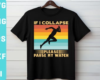 Puede incluir: Camiseta negra con un gráfico retro de un corredor. El gráfico incluye el texto "If I Collapse Please Pause My Watch".