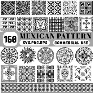 May include: A collection of 160 black and white Mexican patterns. The designs include floral, geometric, and animal motifs, as well as sun and skull illustrations. The text reads "MEXICAN PATTERN" and "COMMERCIAL USE".