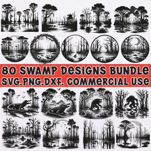 Swamp SVG Bundle PNG DXF Files for Cricut and Silhouette, Bayou Gator Monster Forest Clipart, Swamp Scene Vector Cut Files