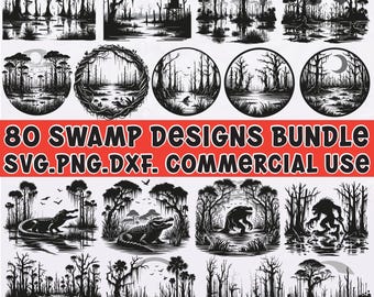 Swamp SVG Bundle PNG DXF Files for Cricut and Silhouette, Bayou Gator Monster Forest Clipart, Swamp Scene Vector Cut Files