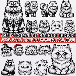 140 Perzische kat SVG-bundel, schattige kat clipart png, pluizige kat vector DXF, kawaii kitty sublimatie, huisdier minnaar Cricut-bestanden, commercieel gebruik