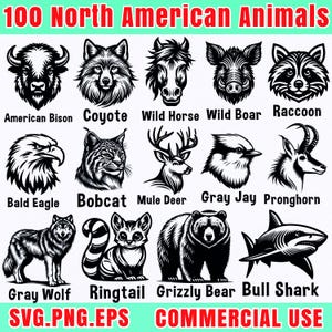 100 North American Animals SVG Bundle | Wildlife Animal Clipart PNG | Wild Animals Vector EPS | Commercial Use | Forest Animal Silhouettes