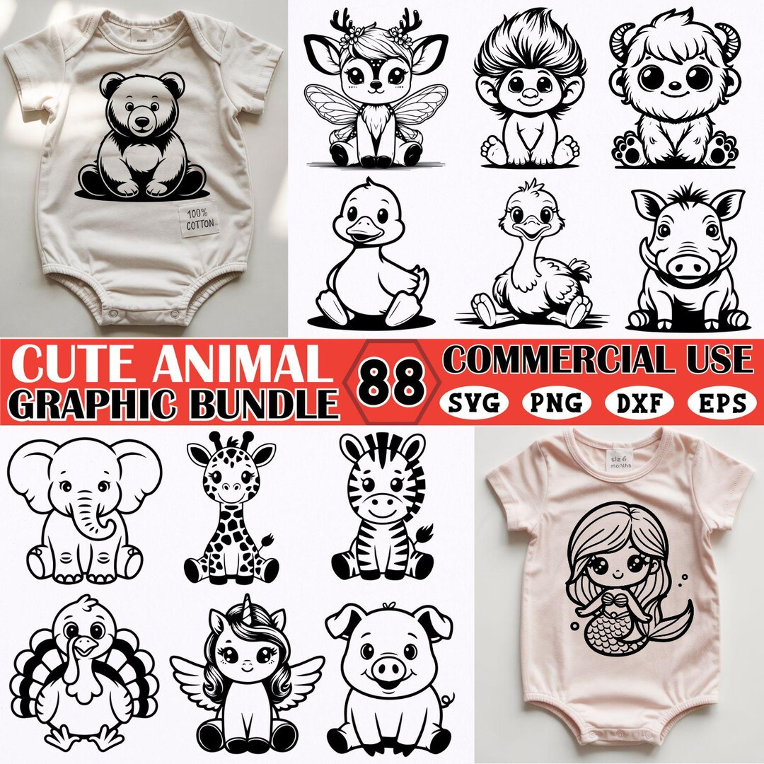 Cute Animal SVG Bundle | 88 Adorable Baby Animal Designs for Onesies ...