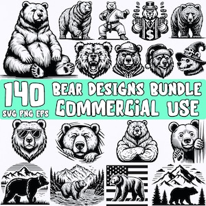 Puede incluir: Un paquete de 140 diseños de osos para uso comercial. Los diseños son en blanco y negro y presentan una variedad de poses de osos, incluyendo de pie, sentado y caminando. Los diseños son perfectos para usar en camisetas, tazas, bolsas de mano y otras mercancías.