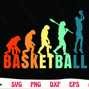 Peut inclure: Conception graphique sur fond noir représentant l'évolution du basket-ball. L'image montre une série de personnages en orange, jaune et vert, aboutissant à un joueur de basket-ball. Le mot "BASKETBALL" est en grandes lettres colorées.