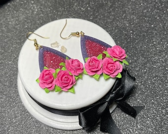 Pink Rose Earrings | Floral Dangle Earrings | Handmade Resin Flower Jewelry