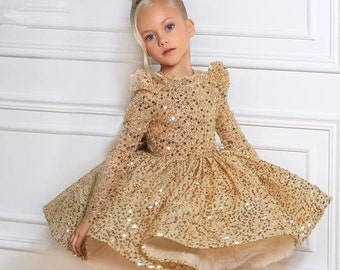 Princess Dress | Golden luxurious Girl Party Dresses | Elegant Fluffy |  Layer Lush | Birthday Wedding Evening Dress | 1y-14y |