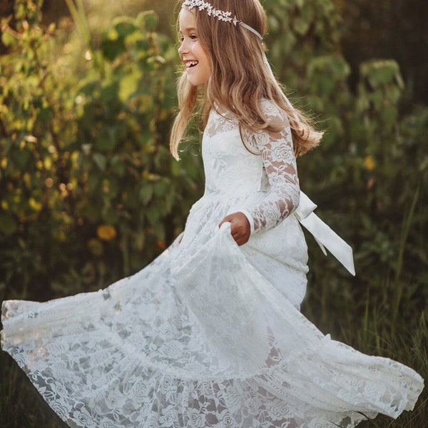 Flower Girl Dress | Lace Girl Dress | Bridesmaid Dress | Tolder Dress | Long Sleeves Dress | Girls'  Wedding Dress | Whiite Dress