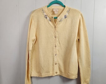 Vintage April Cornell Yellow Cardigan Sweater Embroidered Floral Feminine Preppy womens size XS