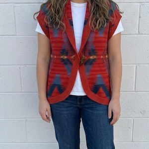 Vintage Chaps Denim Womens Red Blue Southwestern Aztec Toggle Button Sweater Vest Medium