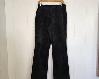 Vintage 90s Black Suede Leather High Waisted Rise Pants Grunge Bootcut Flare medium size 6