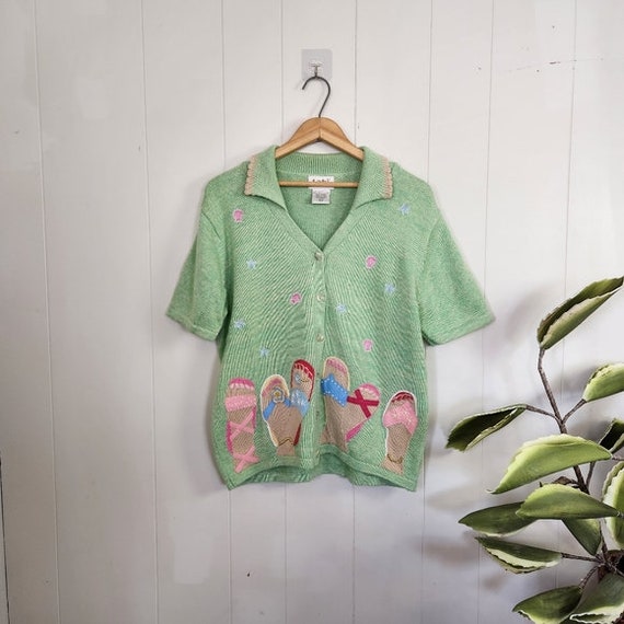 Vintage 90s Green Knit Short Sleeve Sweater 1990s… - image 10