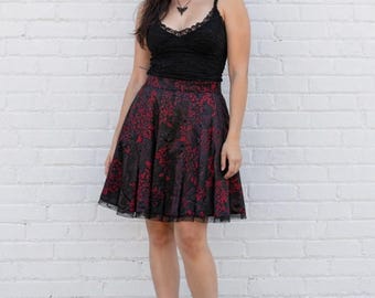 Gonna vintage in broccato nero e rosso stile Y2K, gotica, whimsigoth, lunghezza al ginocchio, taglia 10 da donna.