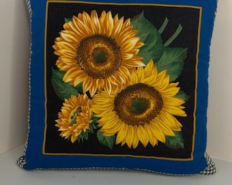 Vintage Sunflower Throw Pillow Blue Floral Cottagecore Farmhouse Decor 1990s 90s