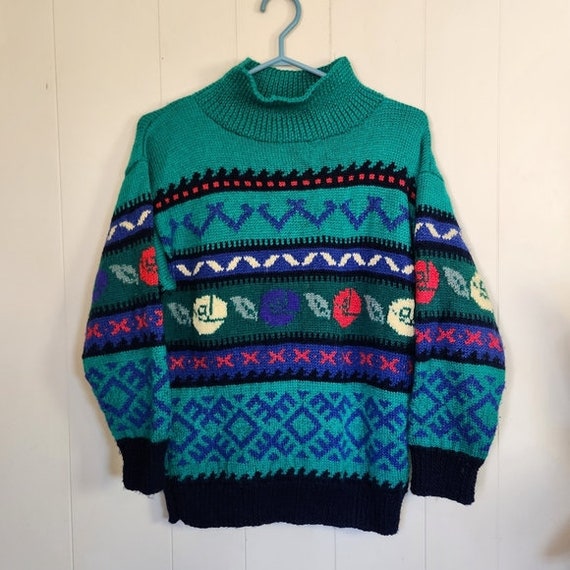 Vintage 90s Handmade Knit Slouchy Green Sweater M… - image 1