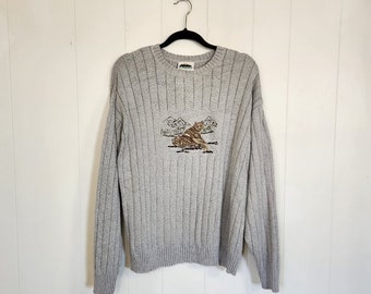 Vintage 90s Wolf Grandpa Sweater Oversized Pullover 1990s Preppy Dad Gray Wolves mens size large