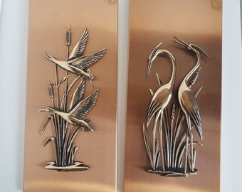 Vintage 70s Mid-Century Modern 3D Copper Wall Art Relief Ducks Cat Tails Heron