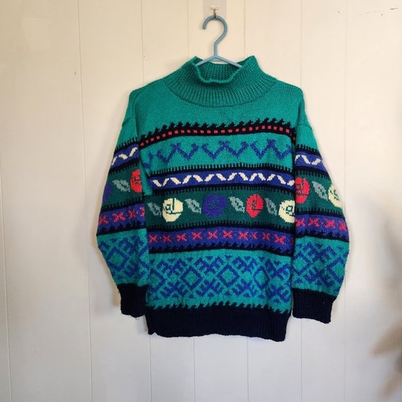 Vintage 90s Handmade Knit Slouchy Green Sweater M… - image 3