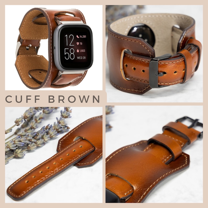 K&ouml;nnte beinhalten: Ein braunes Lederarmband mit einem gen&auml;hten Design. Das Armband wird mit einer Smartwatch mit digitalem Display gezeigt. Der Text auf dem Display lautet "12 58 14,291 79 1,603 WED 28".