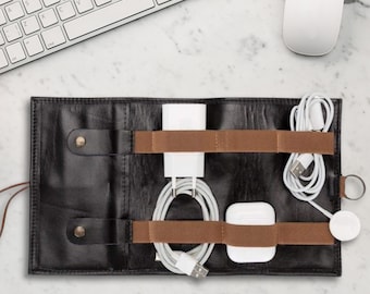Sac de rangement de câbles pliable en cuir personnalisé / Adaptateur de câble pour casque tout-en-un / Sac de voyage pour câbles pour accessoires électroniques