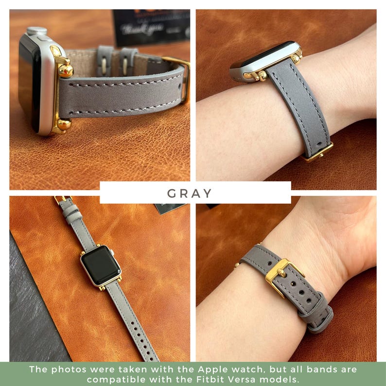 Pode incluir: Pulseira de rel&oacute;gio de couro cinza com ferragens douradas. A pulseira &eacute; mostrada em um pulso e em uma mesa.