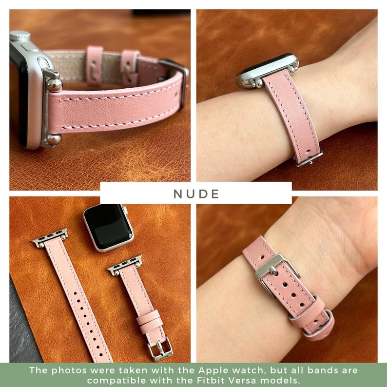 Pode incluir: Uma pulseira de rel&oacute;gio de couro rosa nude para um Apple Watch ou um Fitbit Versa. A pulseira &eacute; mostrada em um pulso e em uma mesa.
