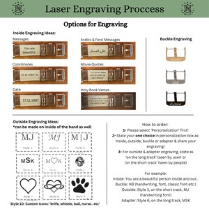 May include: Image detailing laser engraving options for watch straps and buckles. Examples include messages, coordinates, dates, and quotes. Buckle engraving options and custom icons are also displayed. Ordering instructions are provided.
